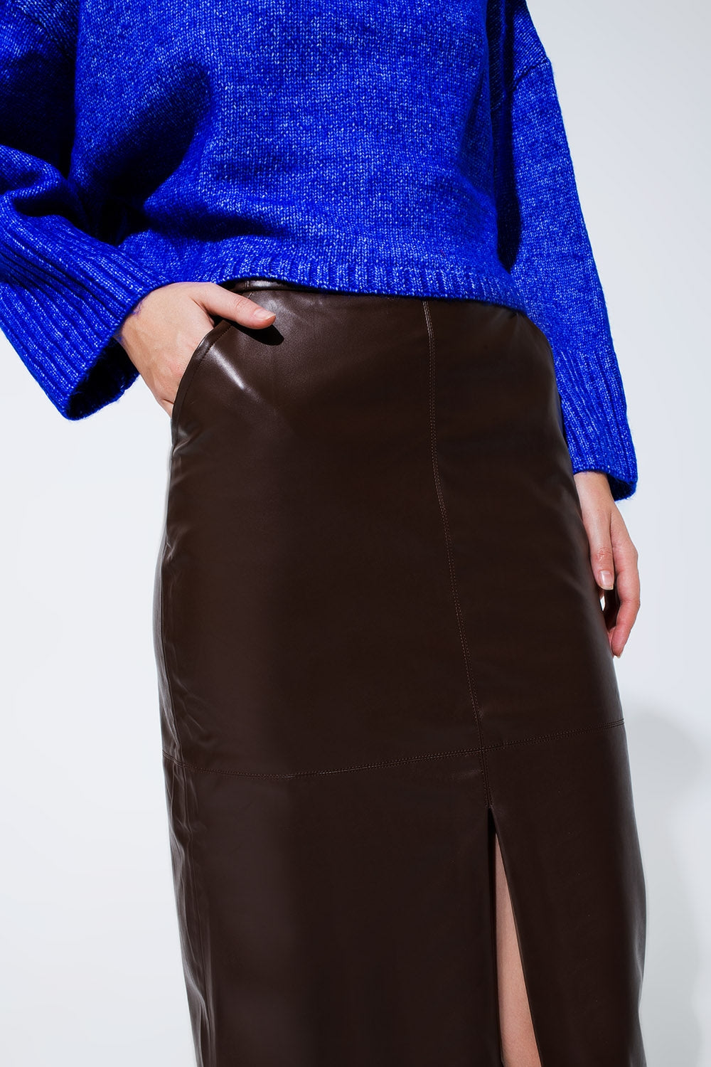 Brown Leatherette Pencil Cut Skirt