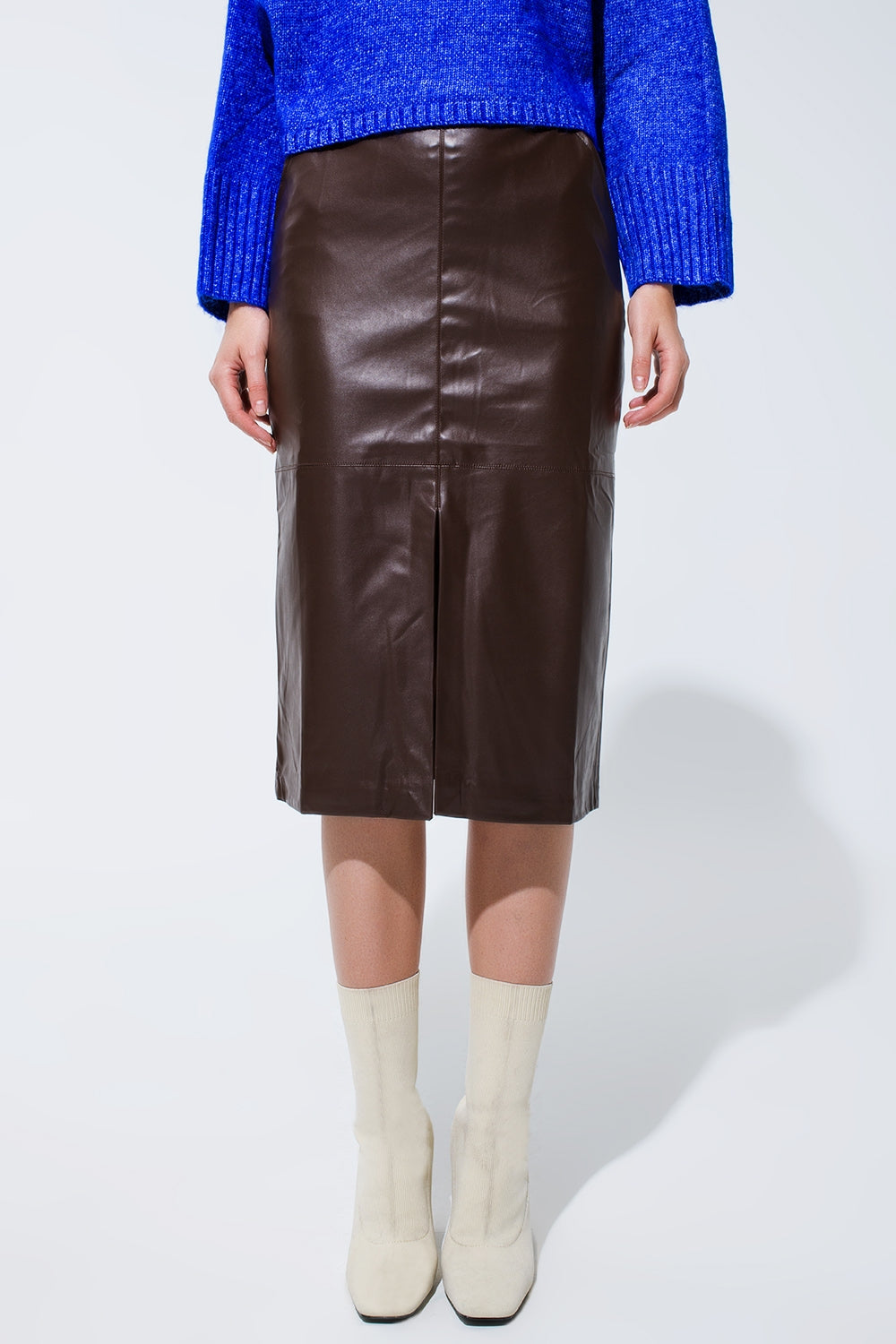 Brown Leatherette Pencil Cut Skirt