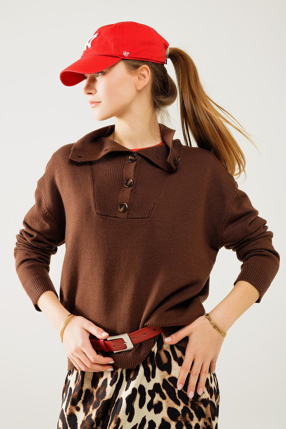 Brown Loose Sweater with Button Closure