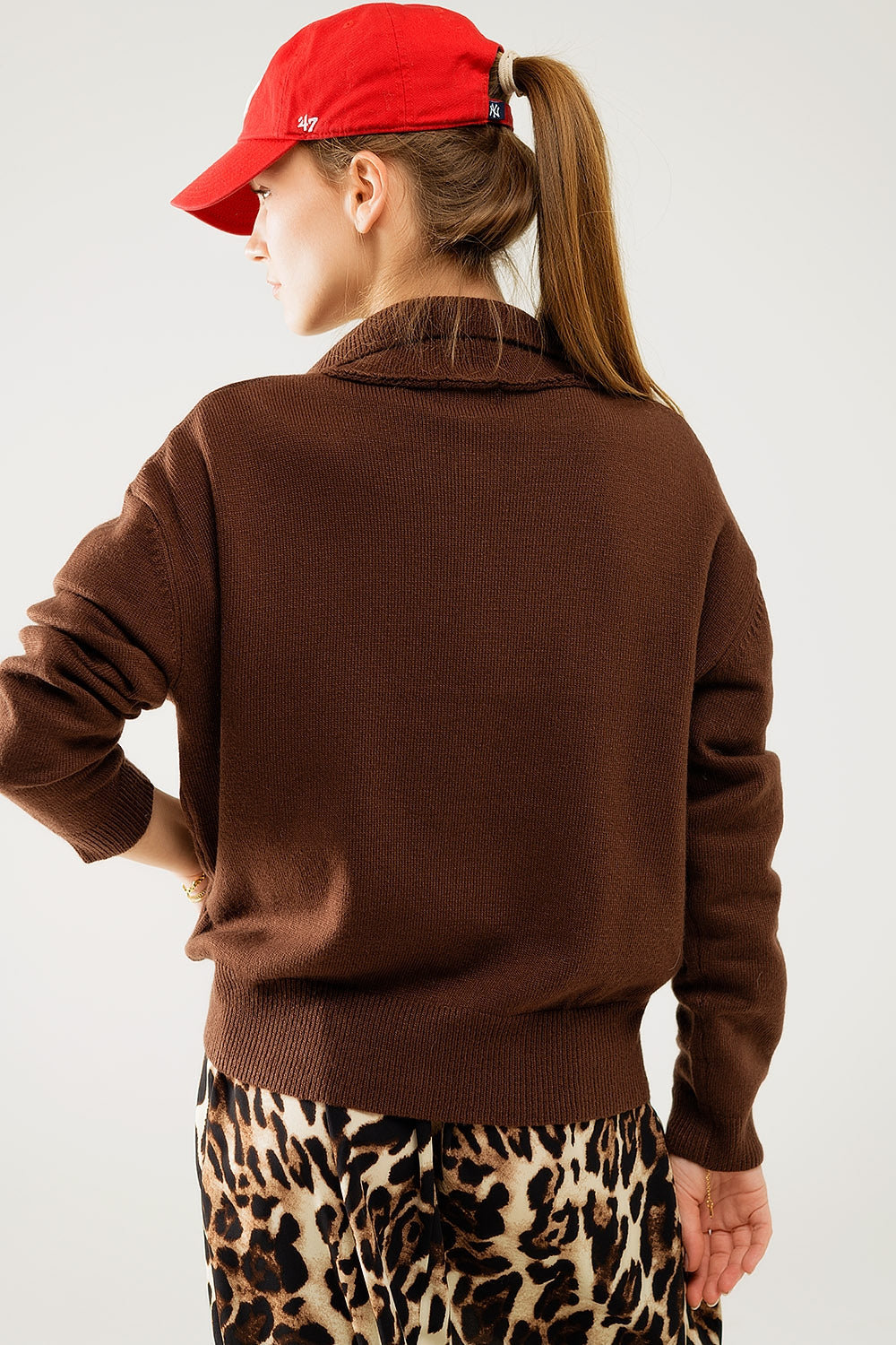 Brown Loose Sweater with Button Closure