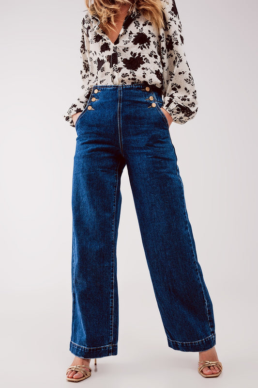 Q2 Button front jean in mid blue