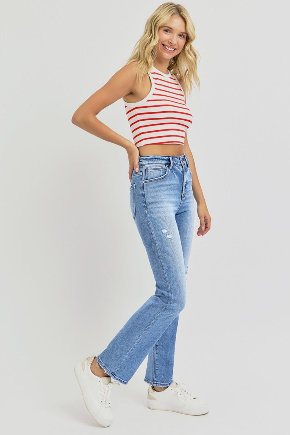 RISEN Distressed High-Rise Ankle Straight Jeans