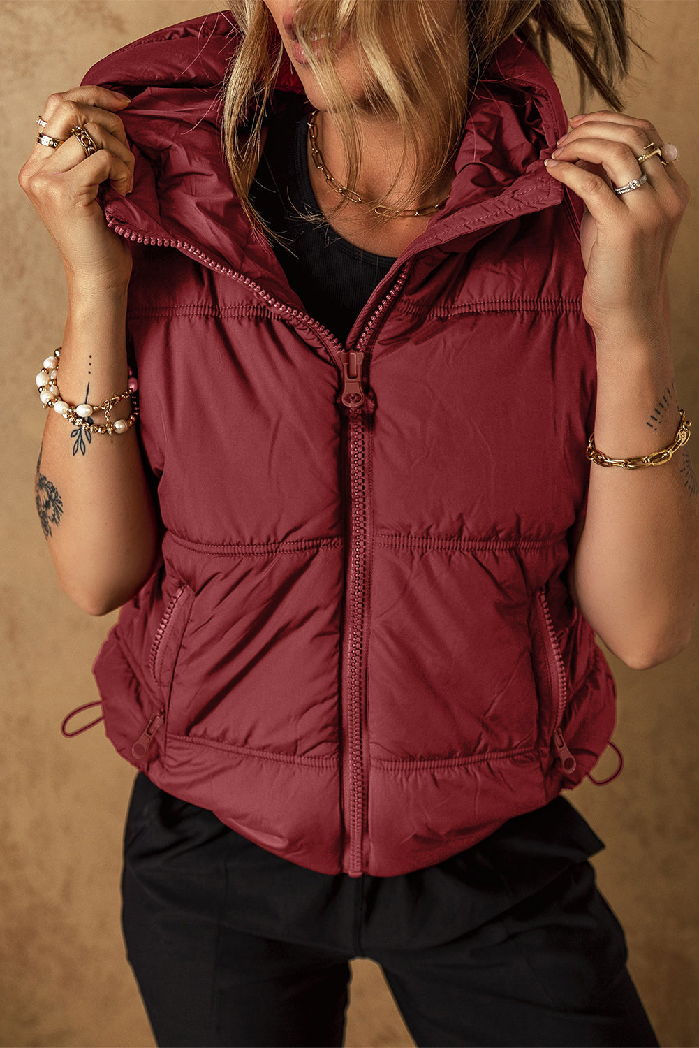 Drawstring Zip Up Hooded Vest