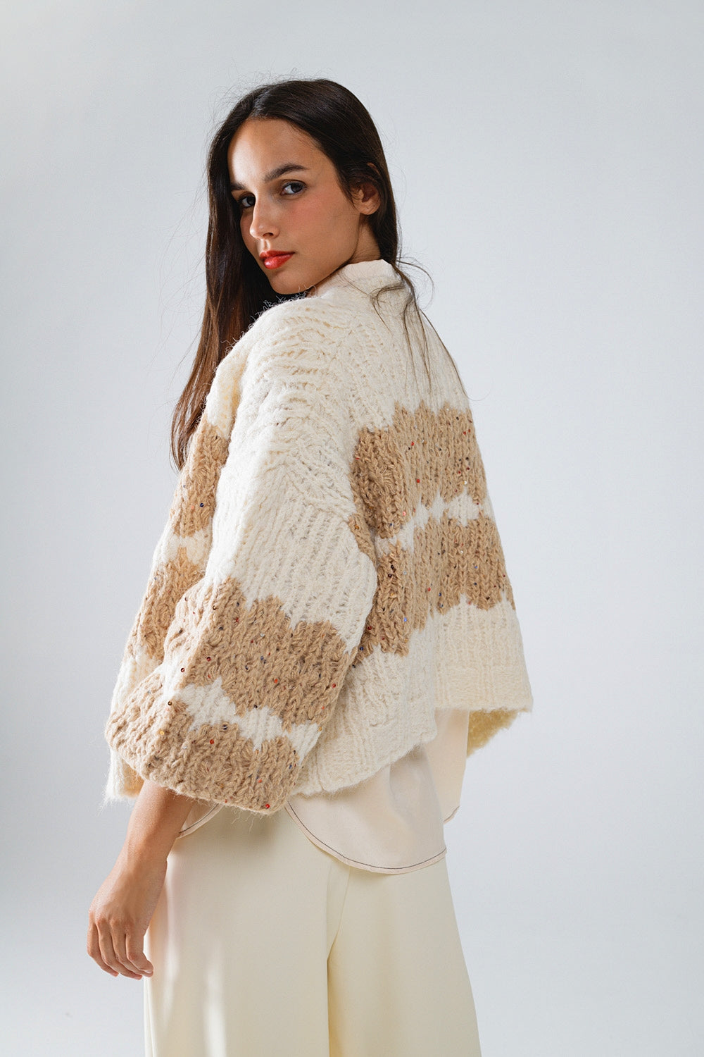 Chunky Knit Striped Cardigan With Sequin Details in Cream