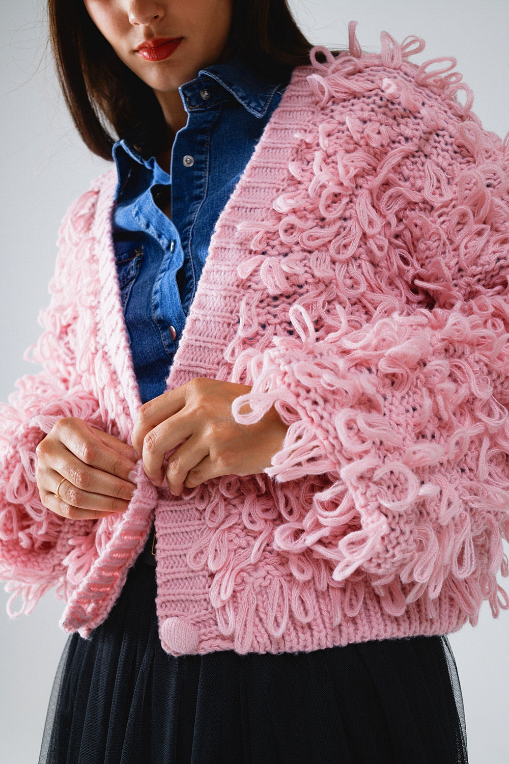 Chunky Textured Cardigan in Pink with Long Fringe