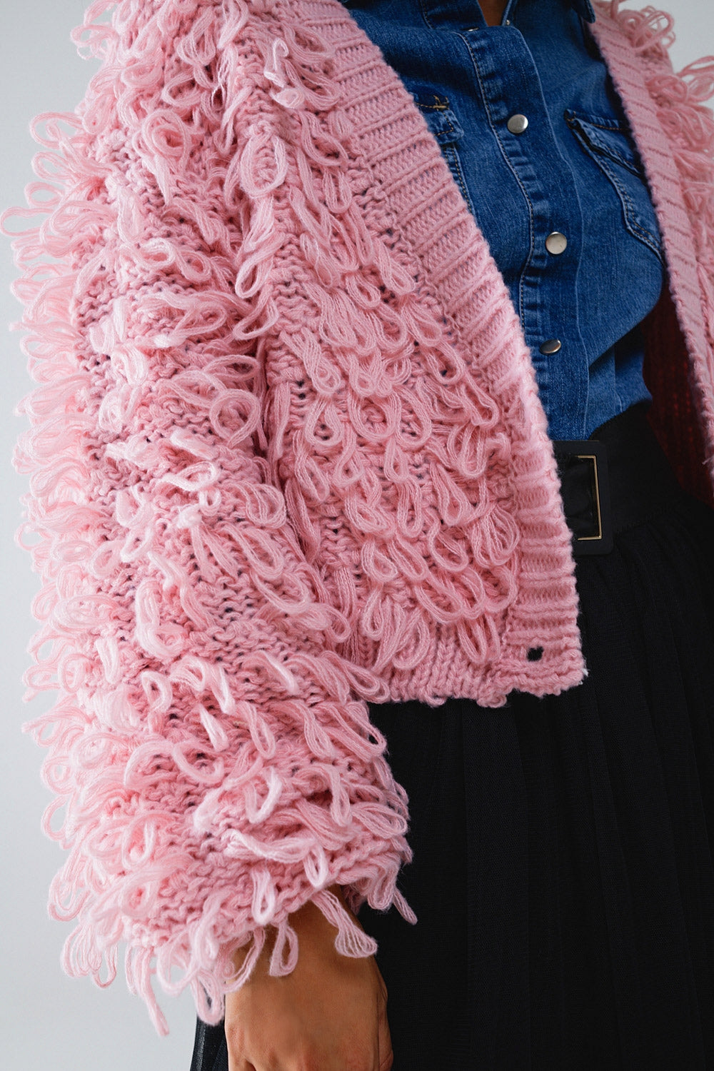 Chunky Textured Cardigan in Pink with Long Fringe