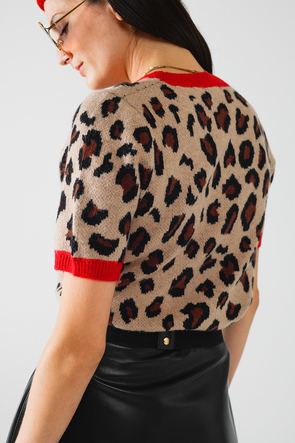 Cozy Panther Print Sweater Shirt with Red Edges