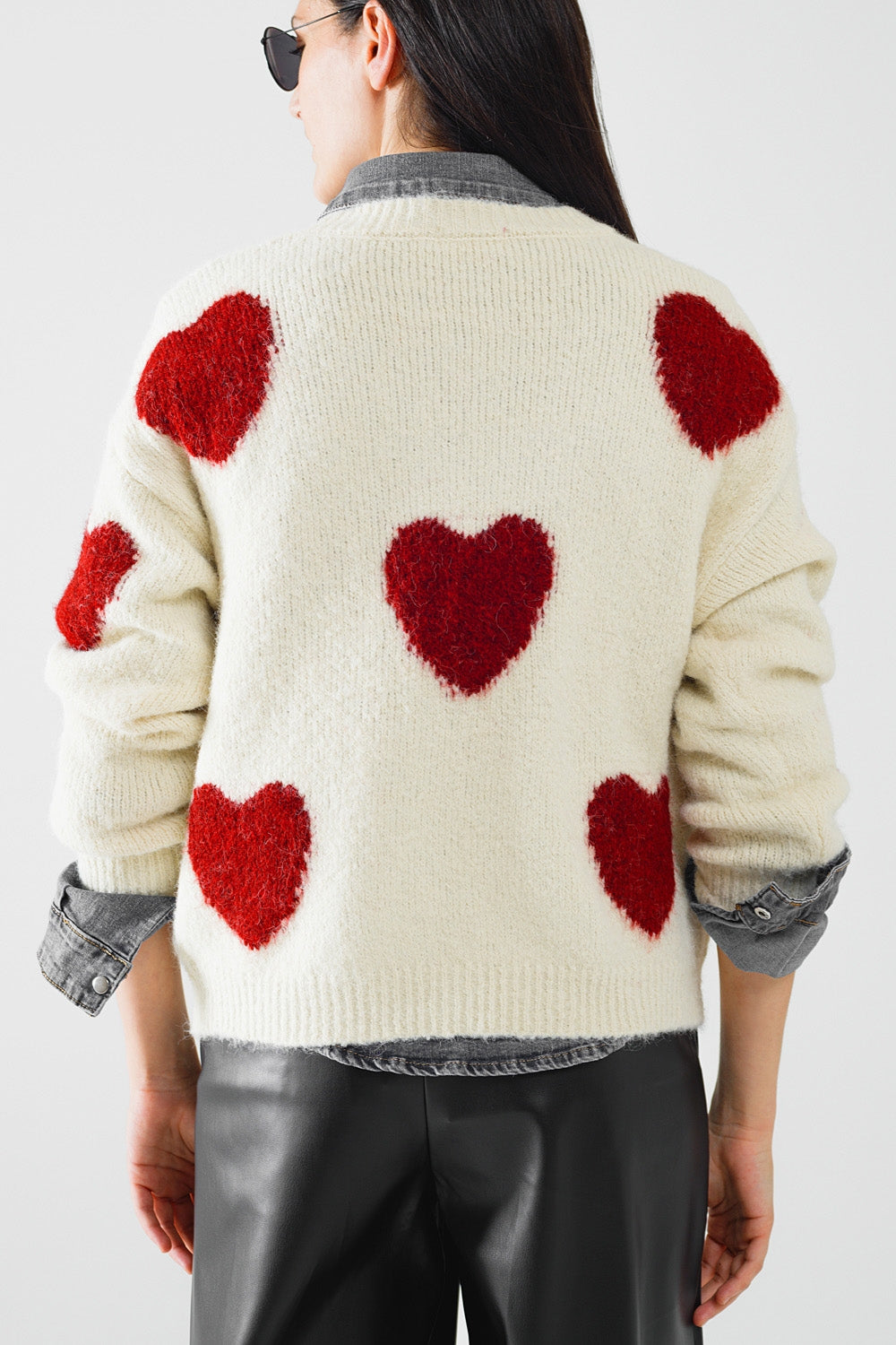 Cozy White Sweater with Red Hearts