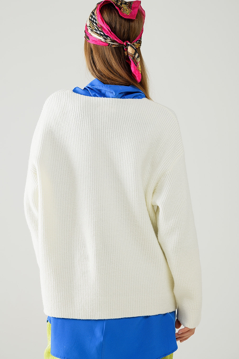 Cream Oversized Knit Sweater with V Neck