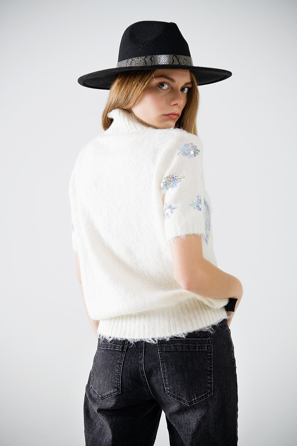 Cream Short Sleeve Sweater with Sequin Embellishment