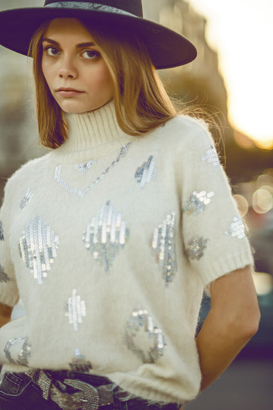 Cream Short Sleeve Sweater with Sequin Embellishment