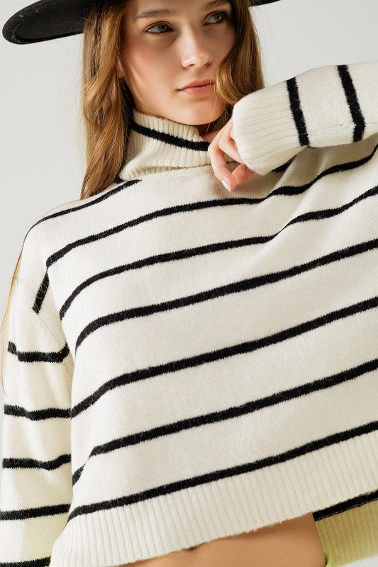 Q2 Cream striped sweater in black with high neck