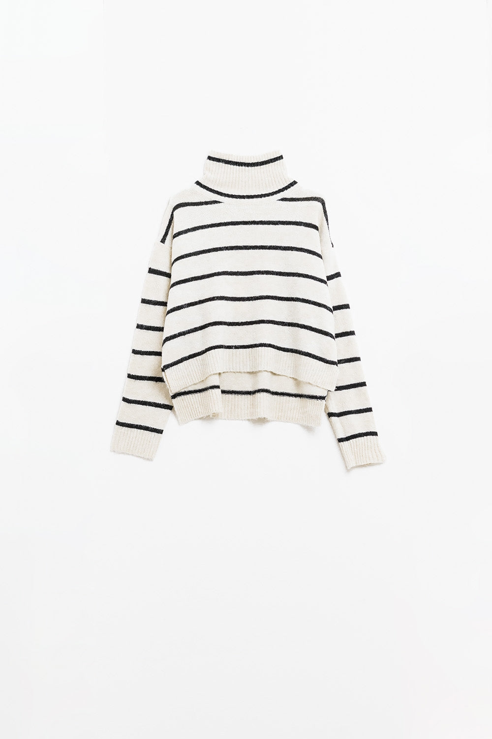 Cream Striped Sweater in Black with High Neck