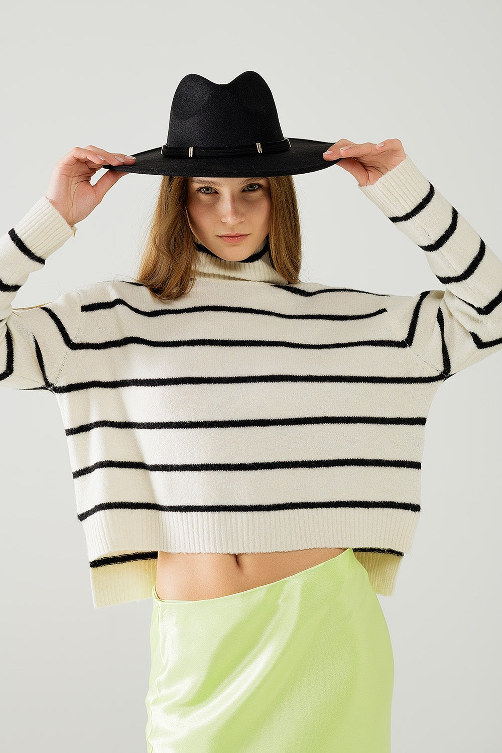 Cream Striped Sweater in Black with High Neck