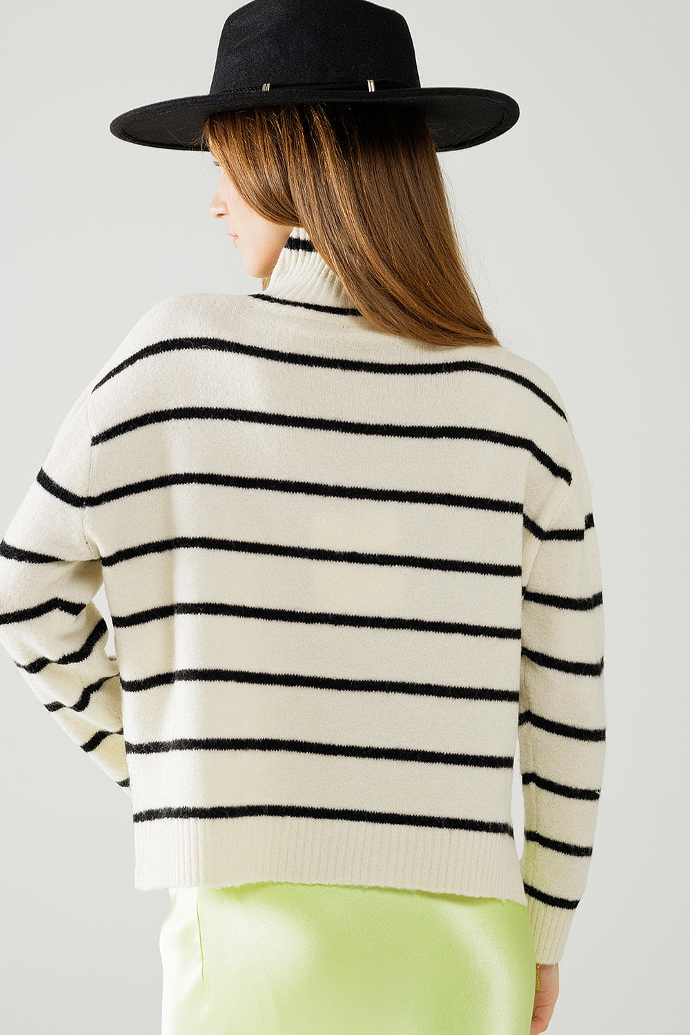 Cream Striped Sweater in Black with High Neck