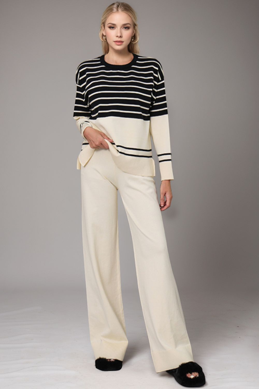 Basic Bae Striped Crewneck Top and Pants Sweater Set