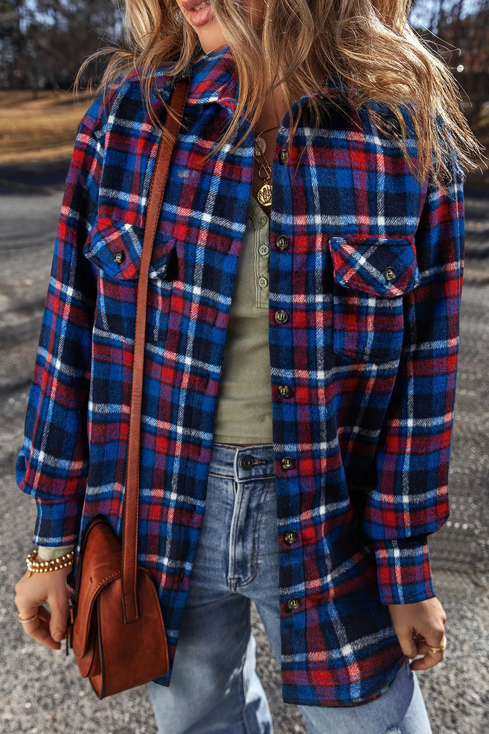 Navy and Red Plaid Collared Shirt