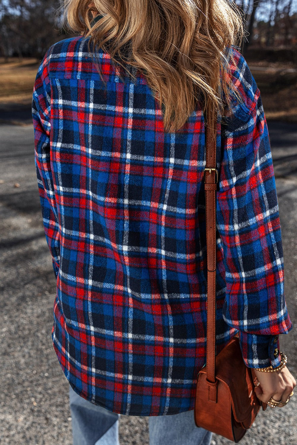 Navy and Red Plaid Collared Shirt