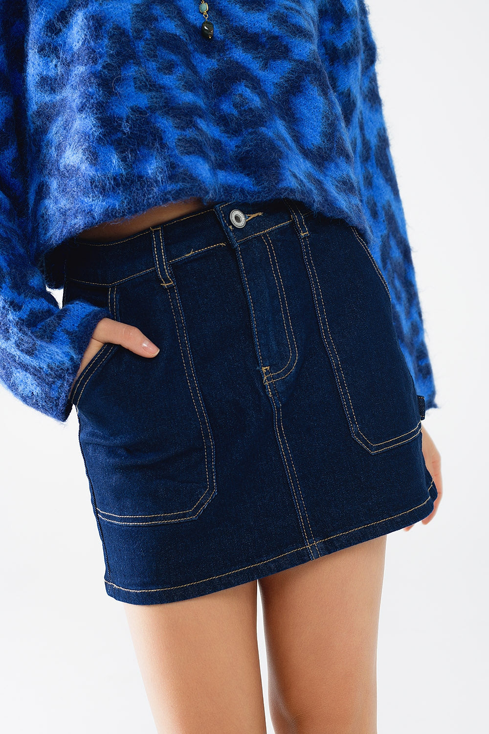 Dark Wash Denim Mini Skirt with Front Pockets