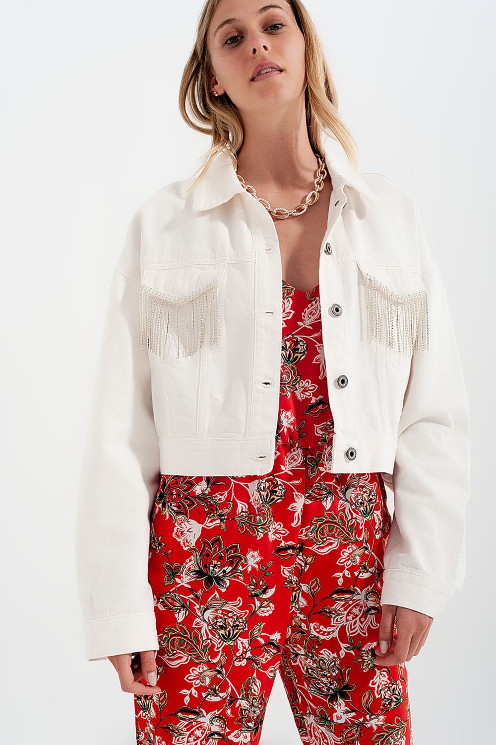 Denim Jacket with Diamante Fringing in White