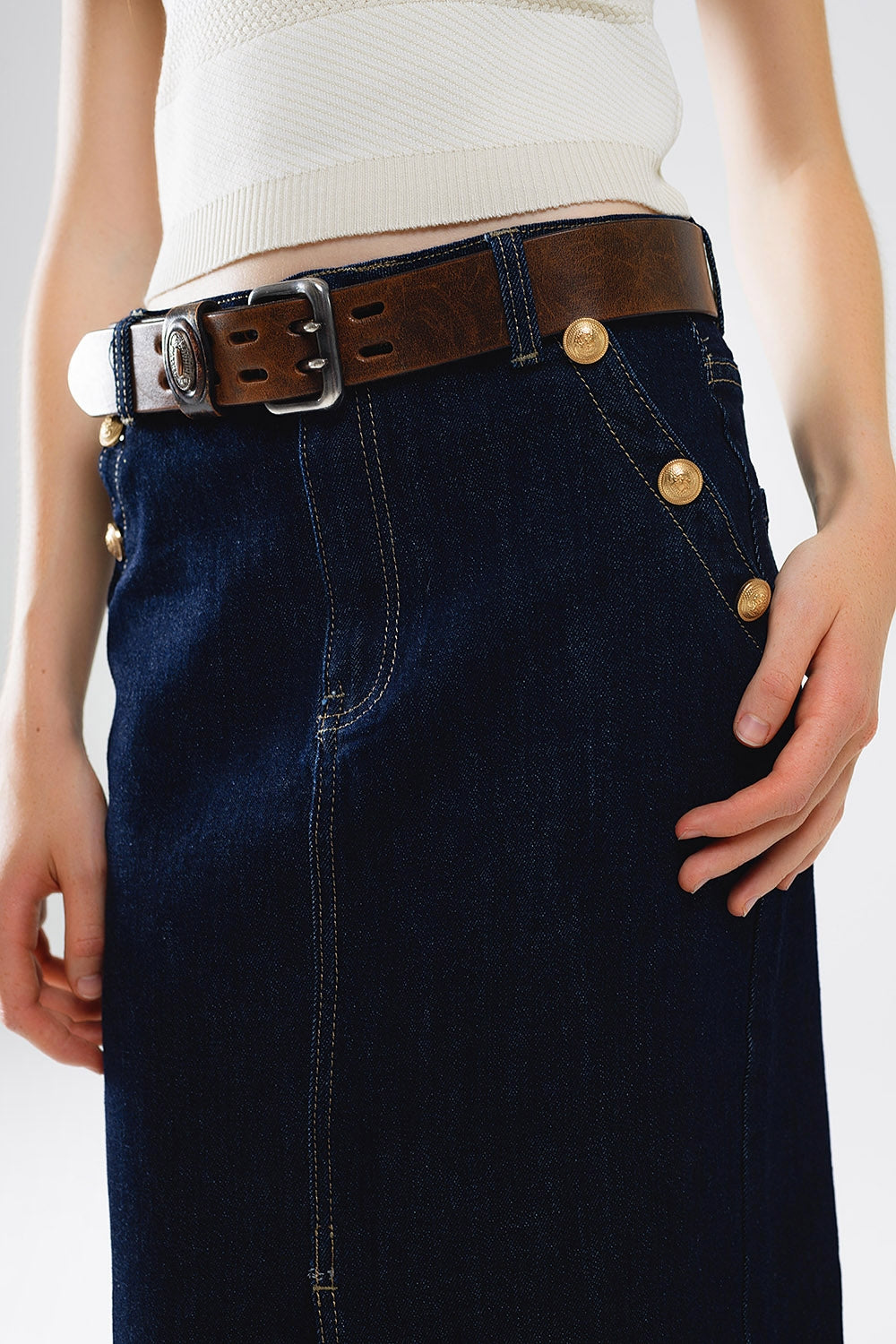 Denim Skirt With Front Slit And Gold Buttons on Sides