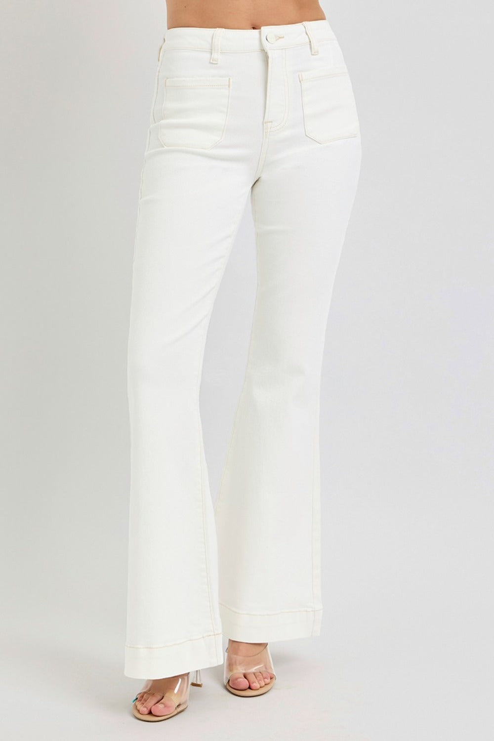 RISEN High Rise Front White Patch Pocket Flare Jeans