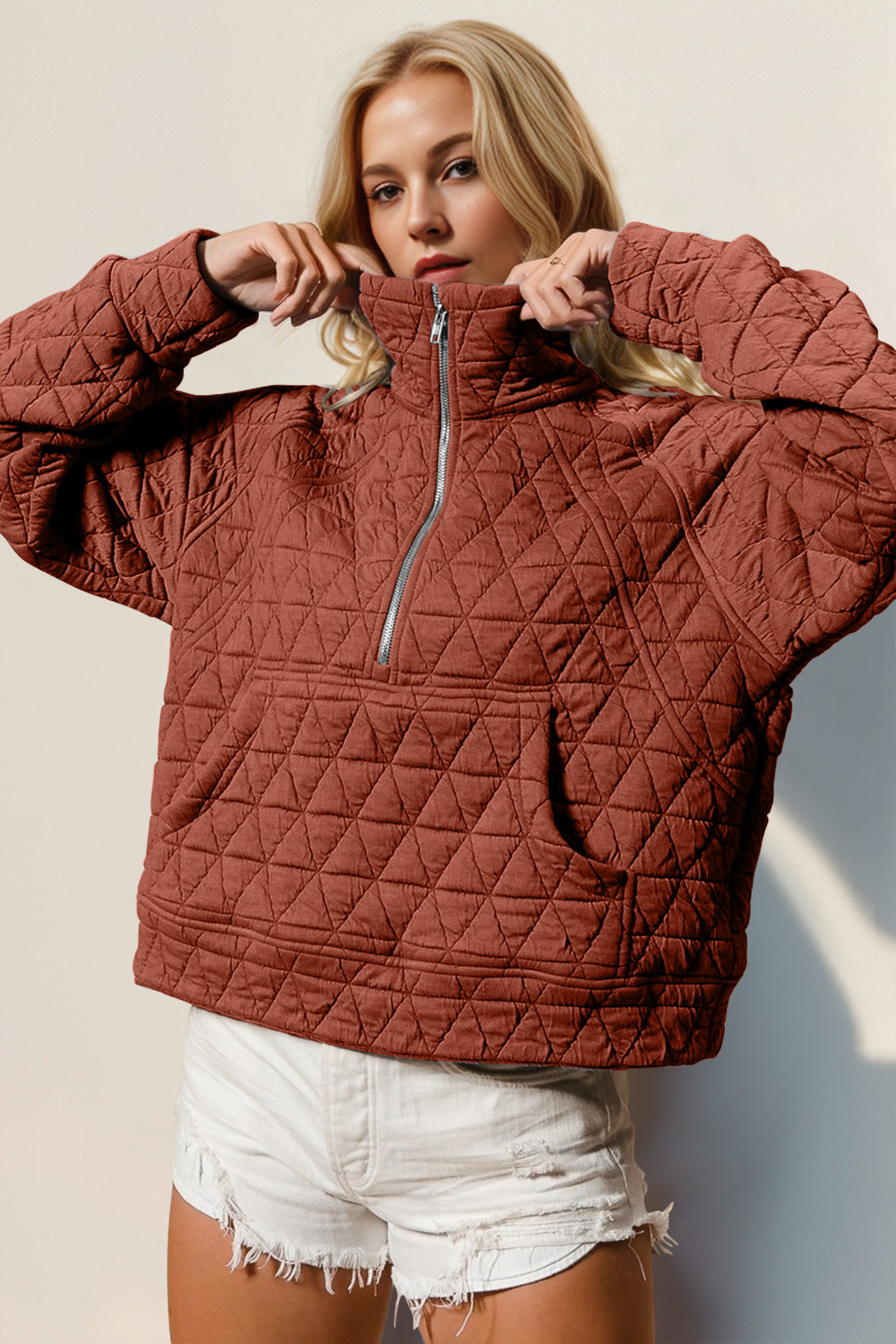 Double Take Half Zip Quilted Kangaroo Pocket Sweatshirt