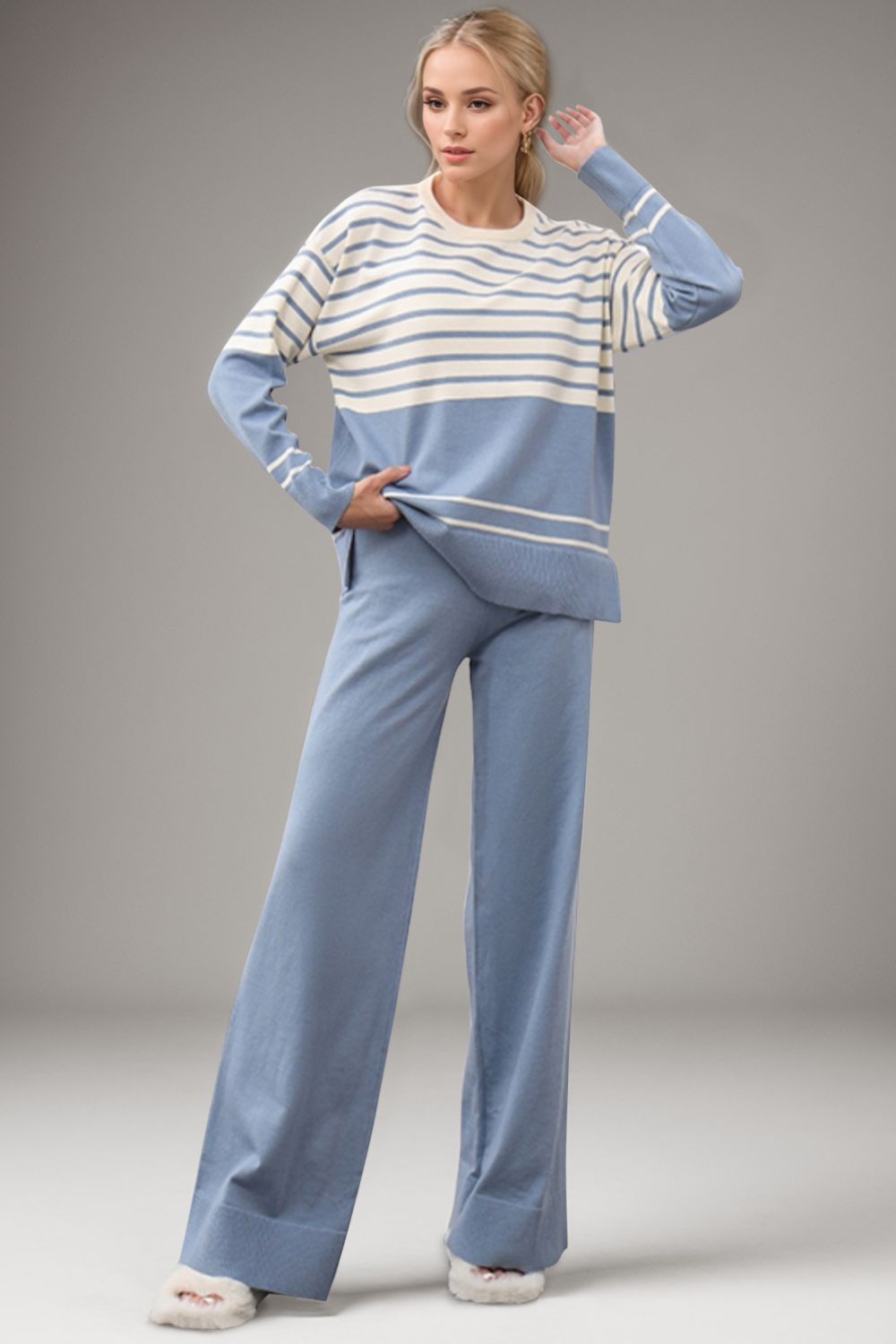 Basic Bae Striped Crewneck Top and Pants Sweater Set