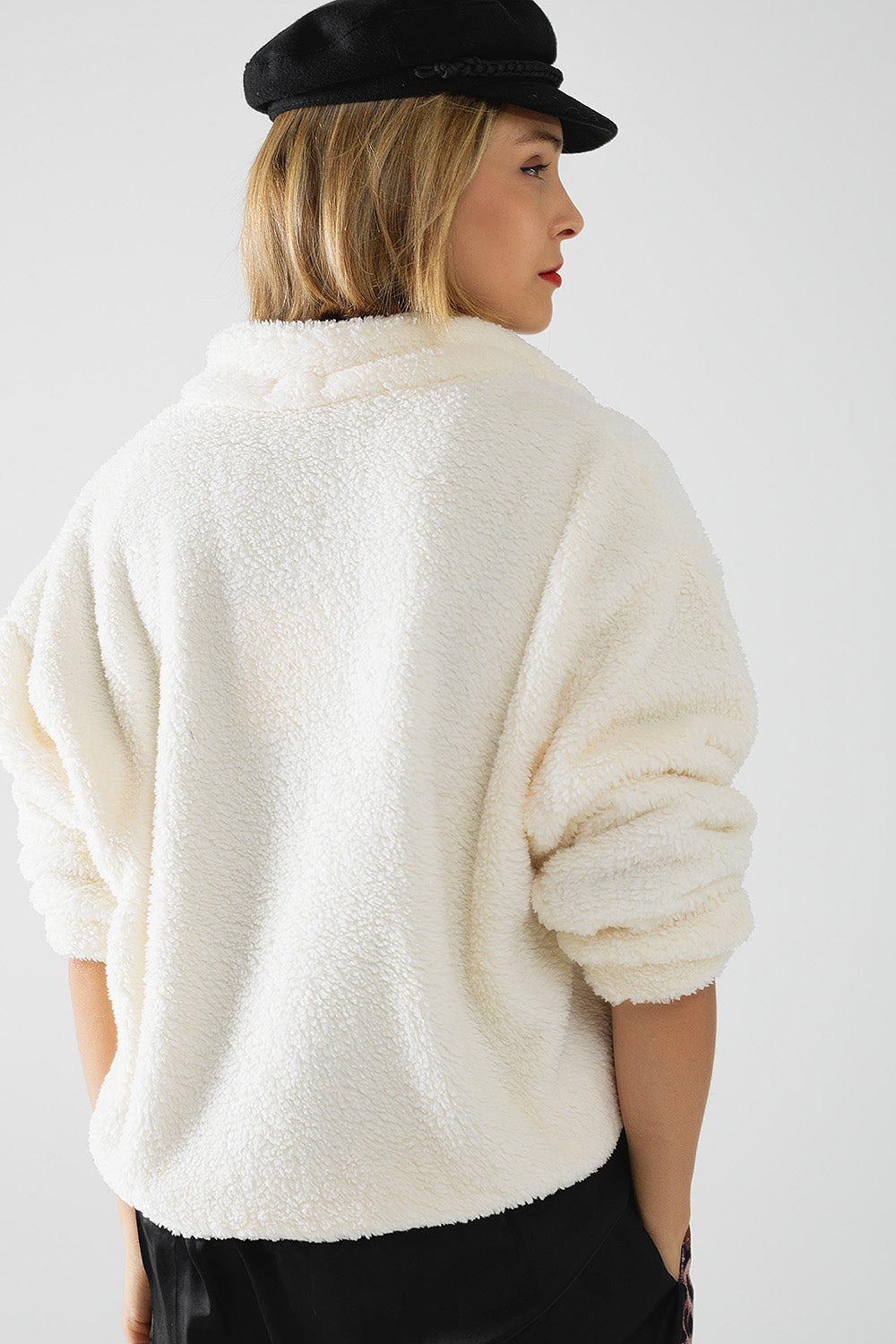 Ecru Fluffy V-Neck Sweater