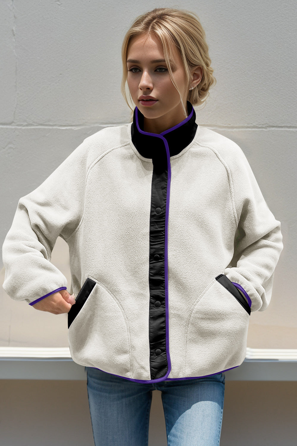 Double Take Snap Down Contrast Fleece Jacket