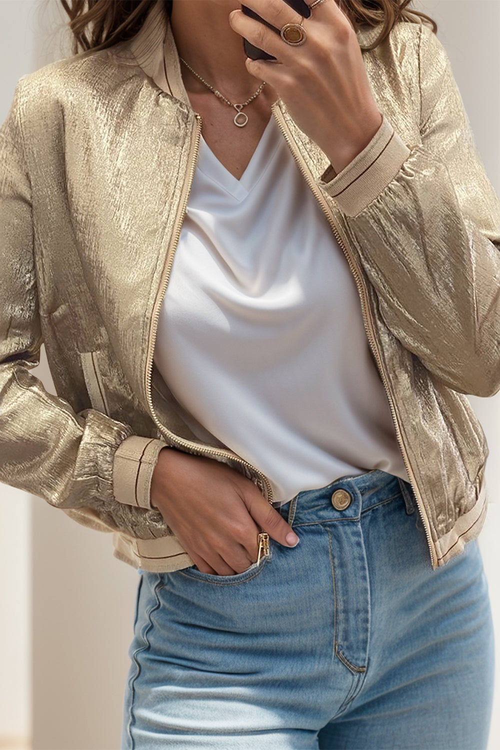 Baseball Collar Zip Up Shimmer Jacket