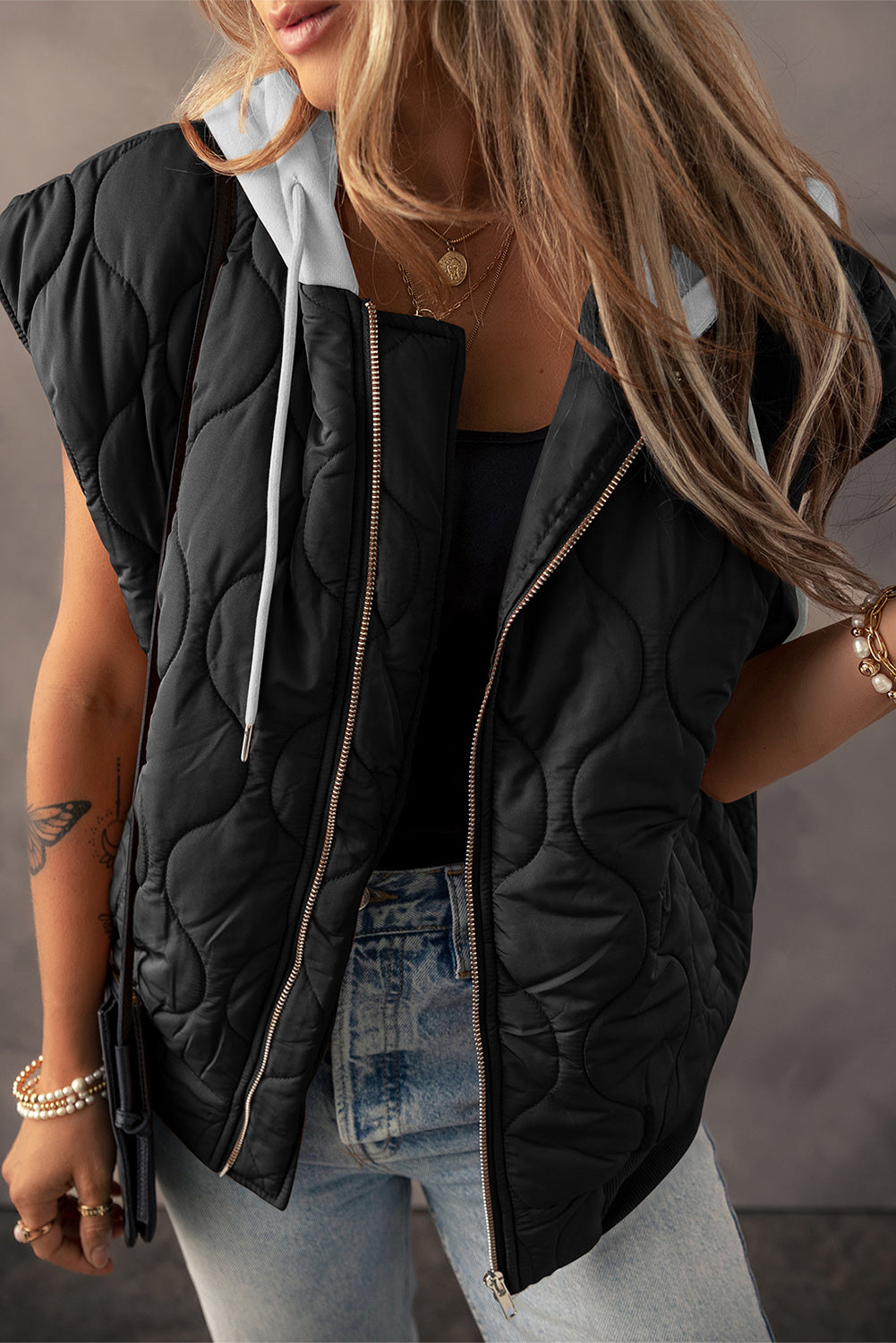 Drawstring Zip Up Hooded Vest