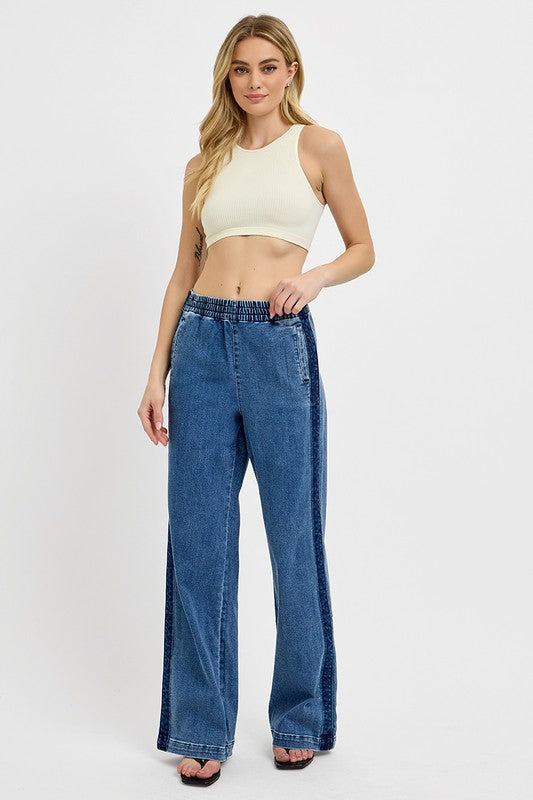 RISEN Elastic Waist Wide Leg Jeans Plus Size