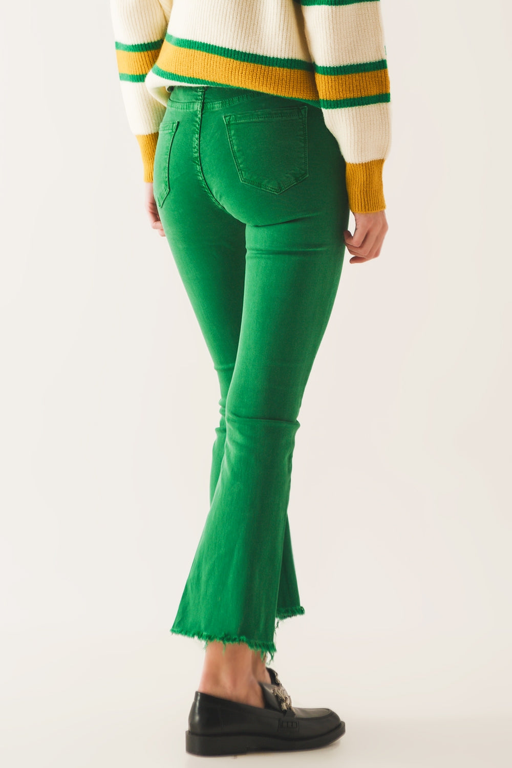 Flare Jeans with Raw Hem Edge in Bright Green