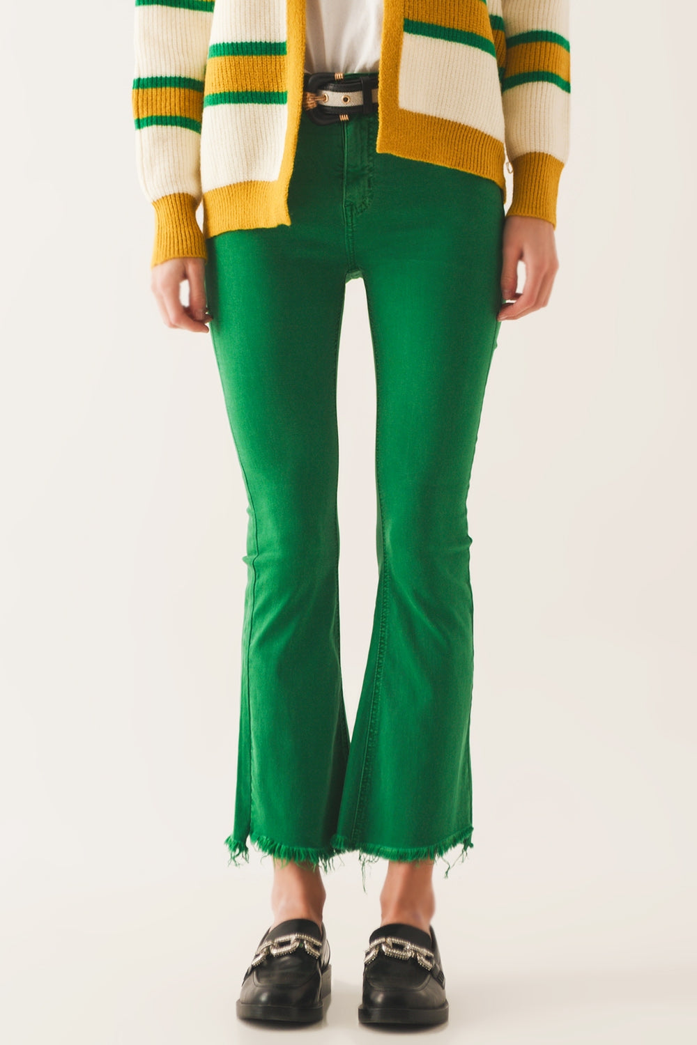 Flare Jeans with Raw Hem Edge in Bright Green