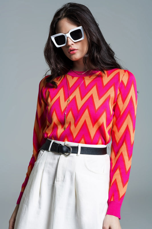 Q2 Fuchsia  sweater with  zig zag print with orange details