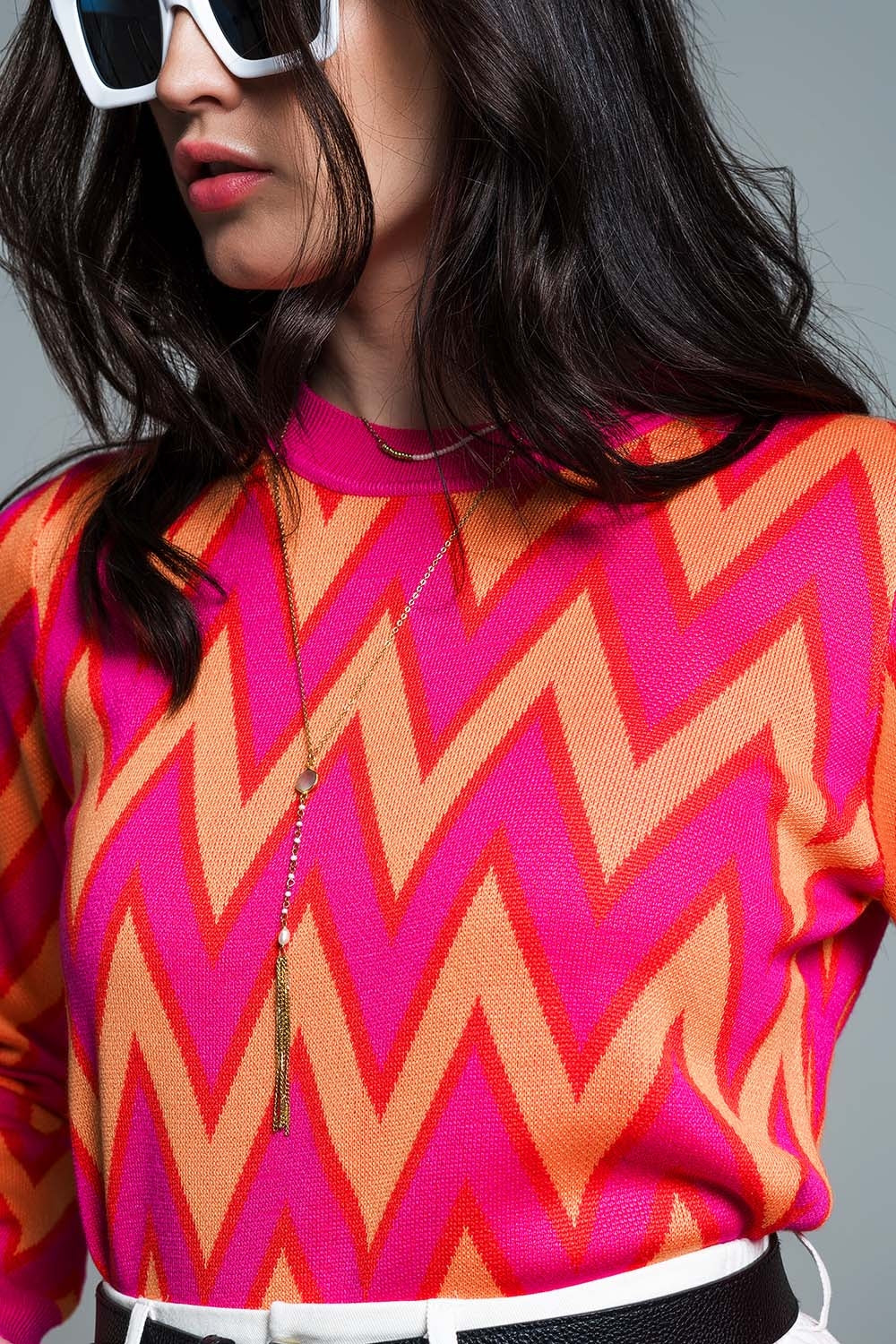 Fuchsia Sweater with Zig Zag Print with Orange Details