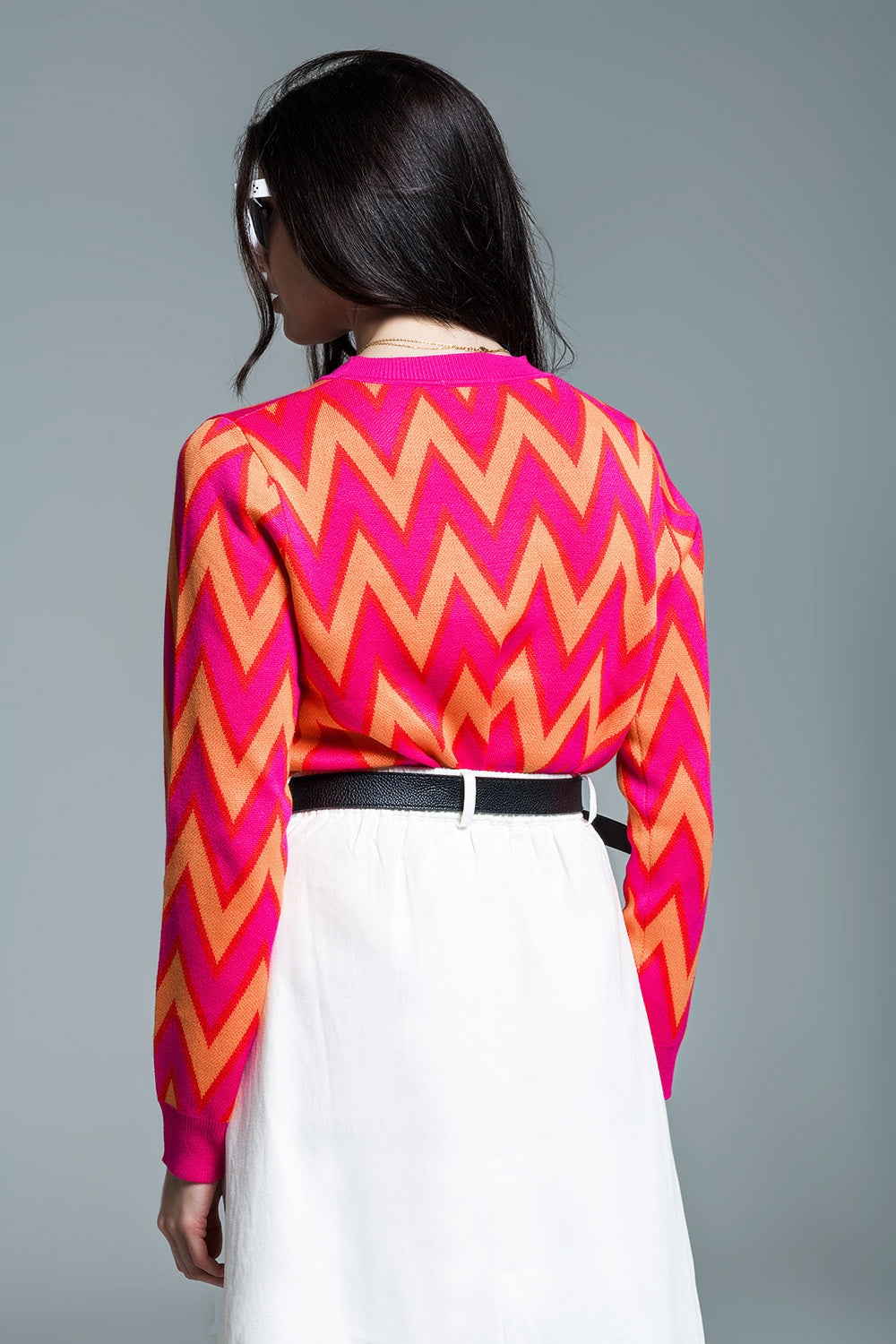 Fuchsia Sweater with Zig Zag Print with Orange Details