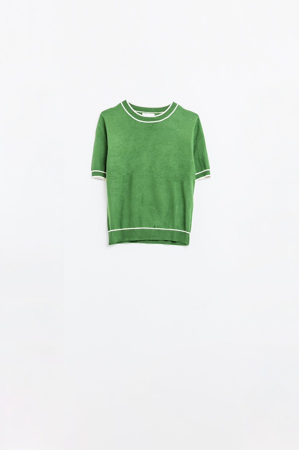 Green Short Sleeve Sweater with White Line Detail