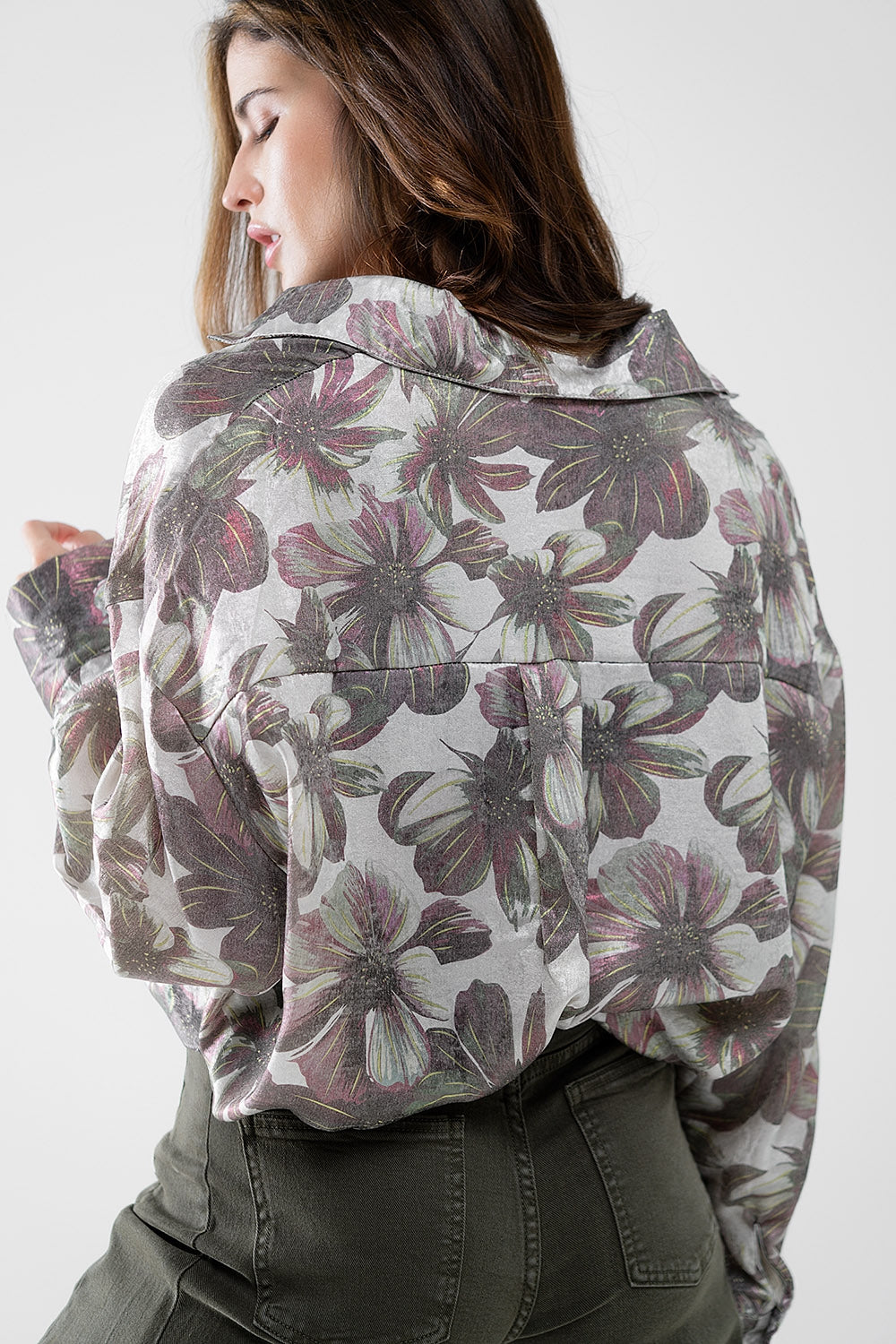 Grey Metallic Effect Flower Print Shirt