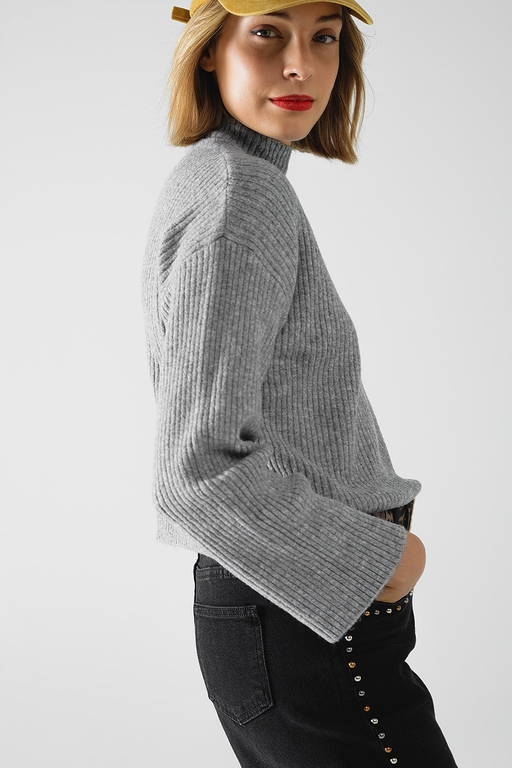 Grey Ribbed Turtleneck Sweater