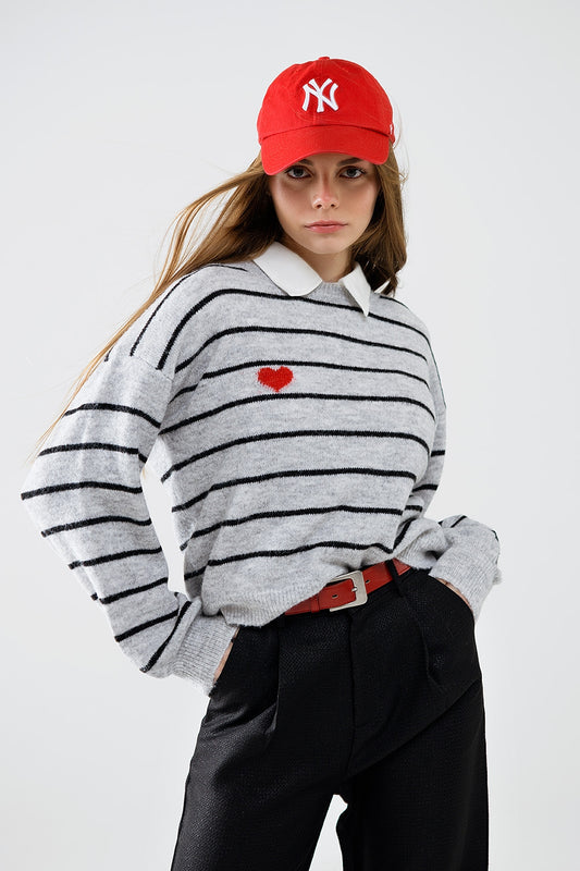 Q2 Grey striped sweater with red heart detail