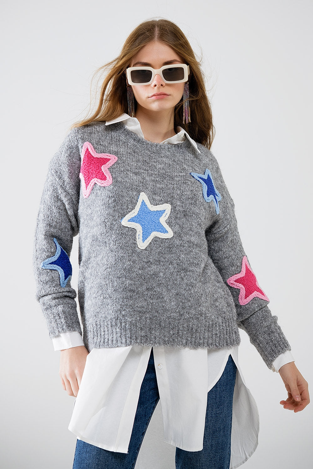 Q2 grey sweater With Embroidered Stars