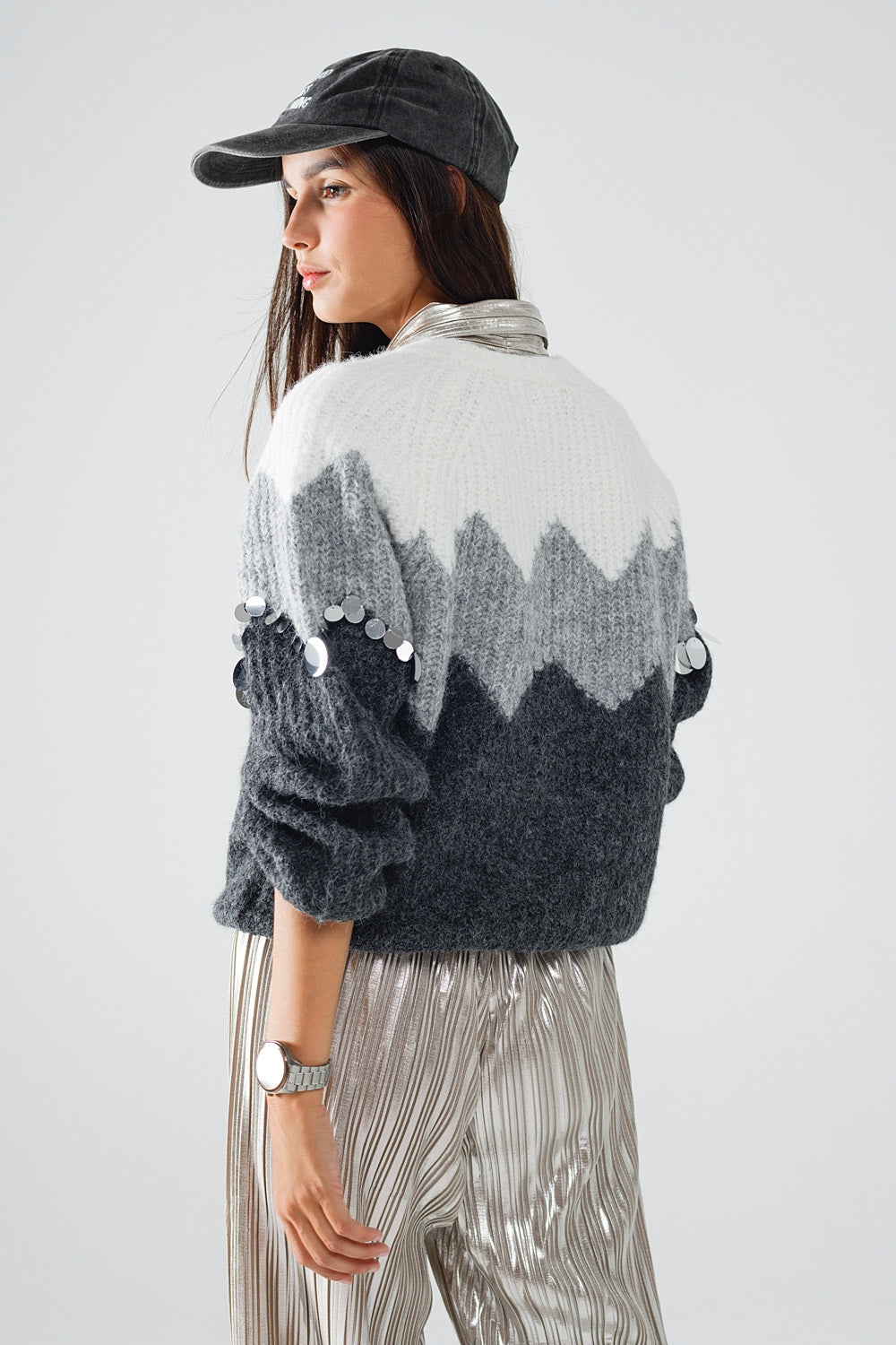 Herringbone Pattern Sweater with Sequin Details In Grey