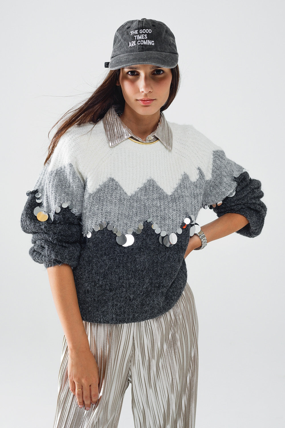 Herringbone Pattern Sweater with Sequin Details In Grey