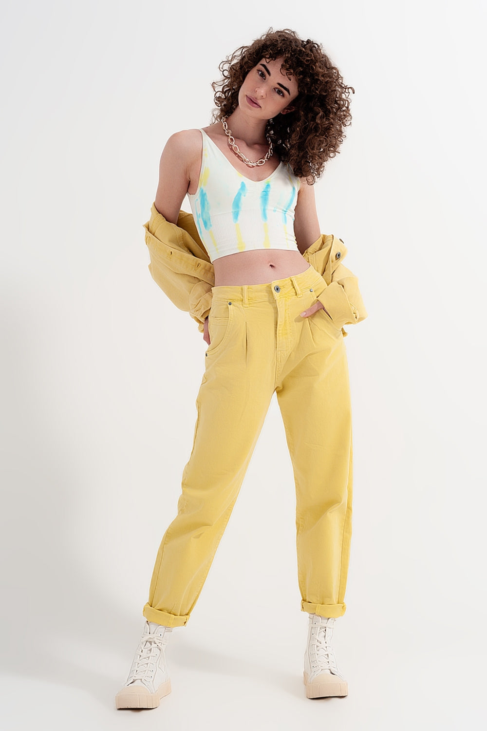 High Rise Mom Jeans with Pleat Front in Yellow