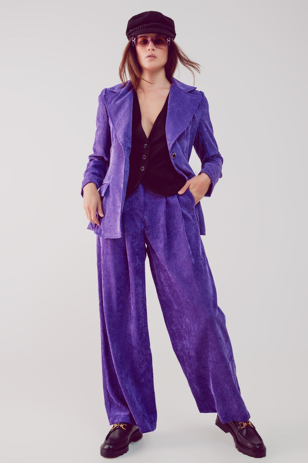 High Rise Straight Leg Pants in Purple Cord