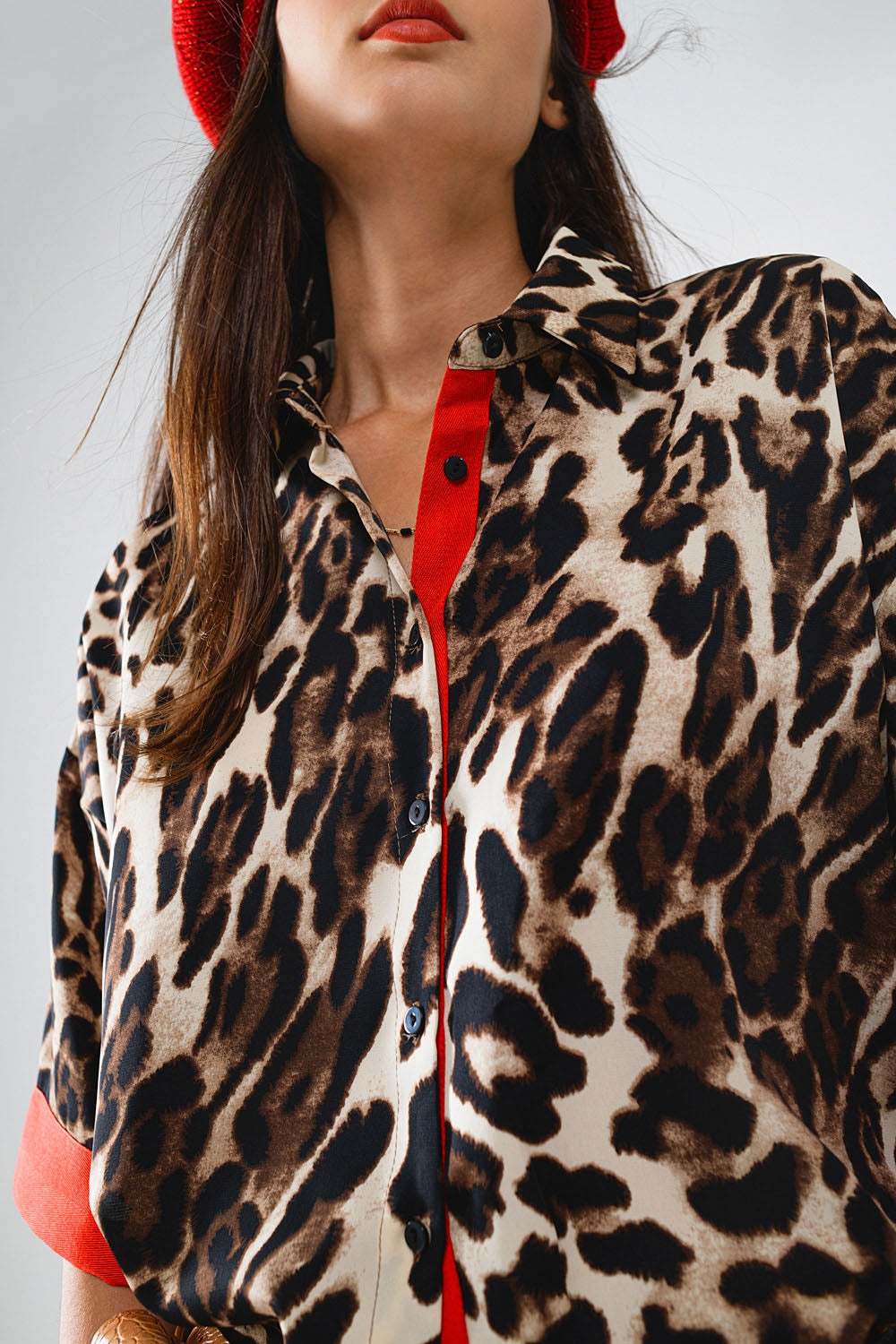 Leopard 3/4 Sleeves Shirt wIth Red Details