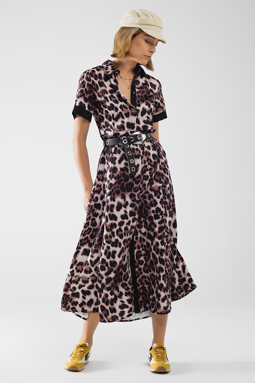 Q2 Leopard print buttoned maxi dress with satin detail