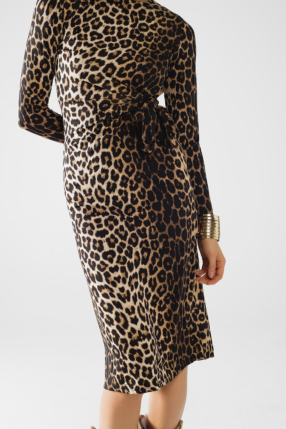 Leopard Print Spandex Dress with Bow Detail